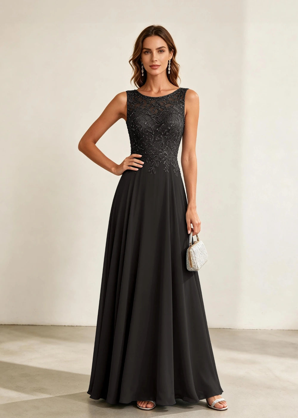 Dusty Blue Sleeveless Lace-Bodice Chiffon Formal Dress