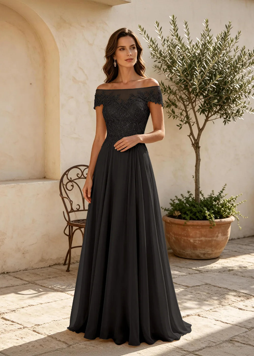 Champagne Off the Shoulder Maxi Dress with Lace
