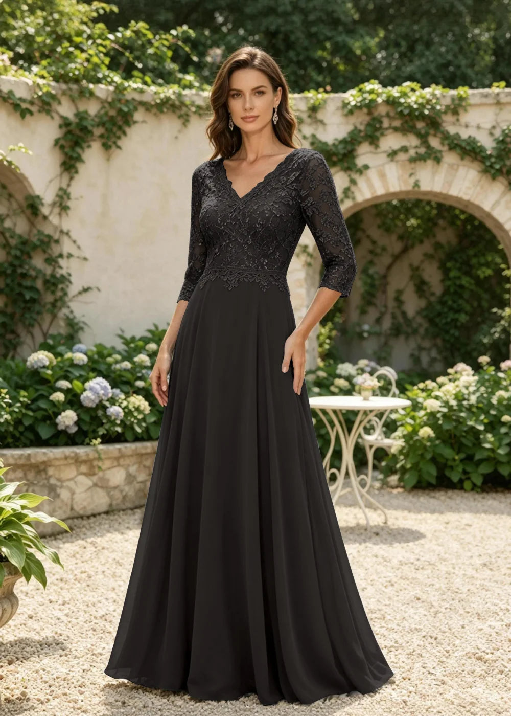 Dusty Blue V-Neck Three-Quarter Lace-Sleeve Maxi Dress