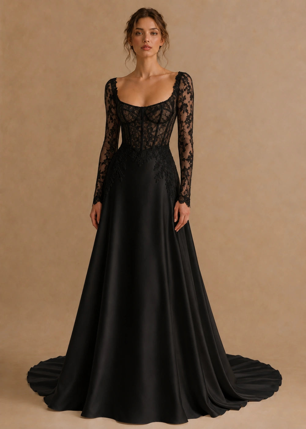 Front view of the black square-neck A-line gown with a lace corset-style bodice, long sleeves, and a train