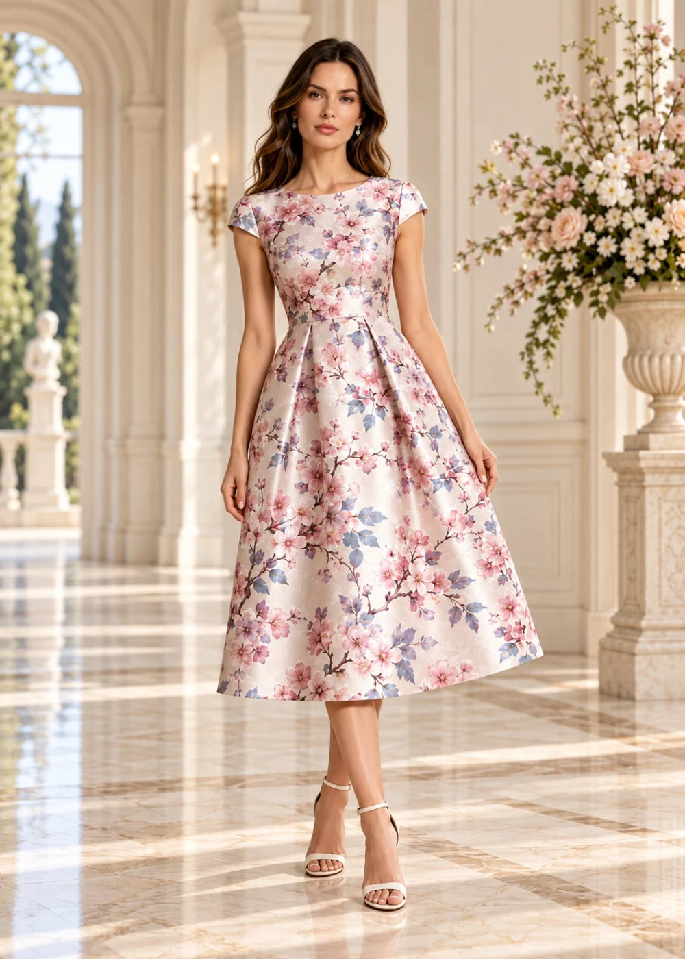 Detail view of the blush pink floral A-line midi dress with cap sleeves