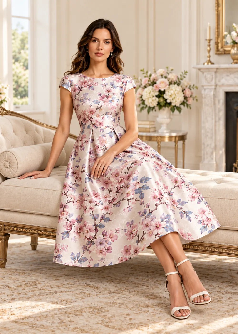 Angled view of the blush pink floral A-line midi dress with cap sleeves