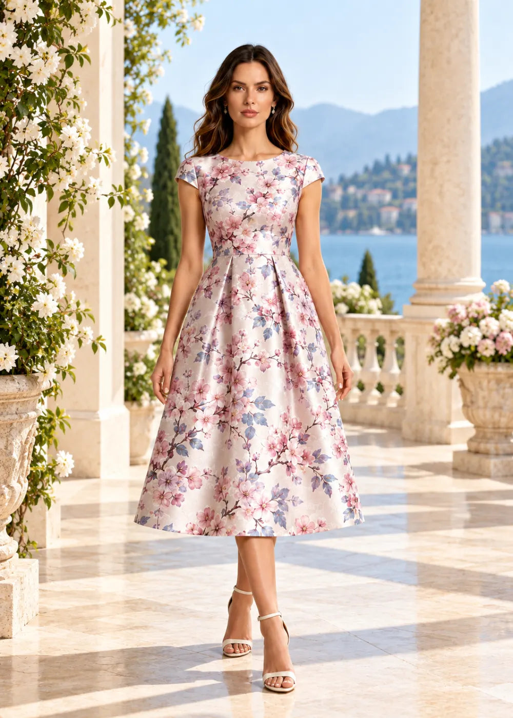 Front view of the blush pink floral A-line midi dress with cap sleeves