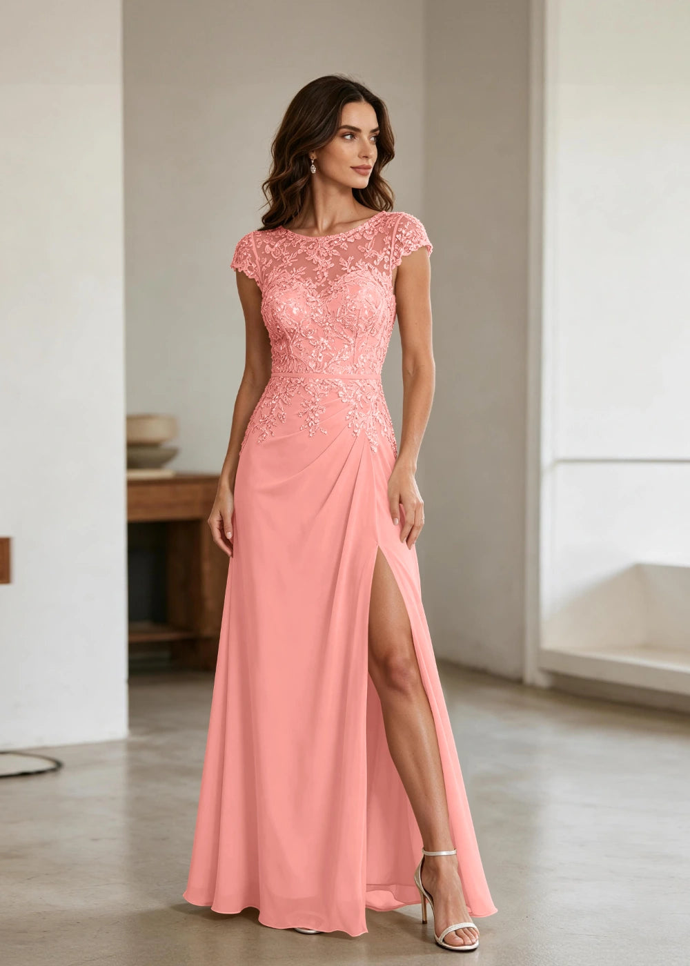Champagne Lace Cap-Sleeve Chiffon Formal Dress