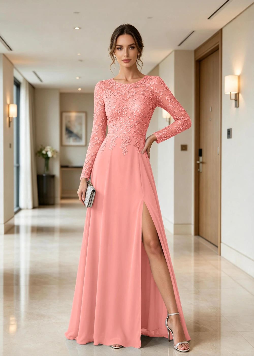 Dusty Blue Illusion-Neck Long-Sleeve Chiffon Dress