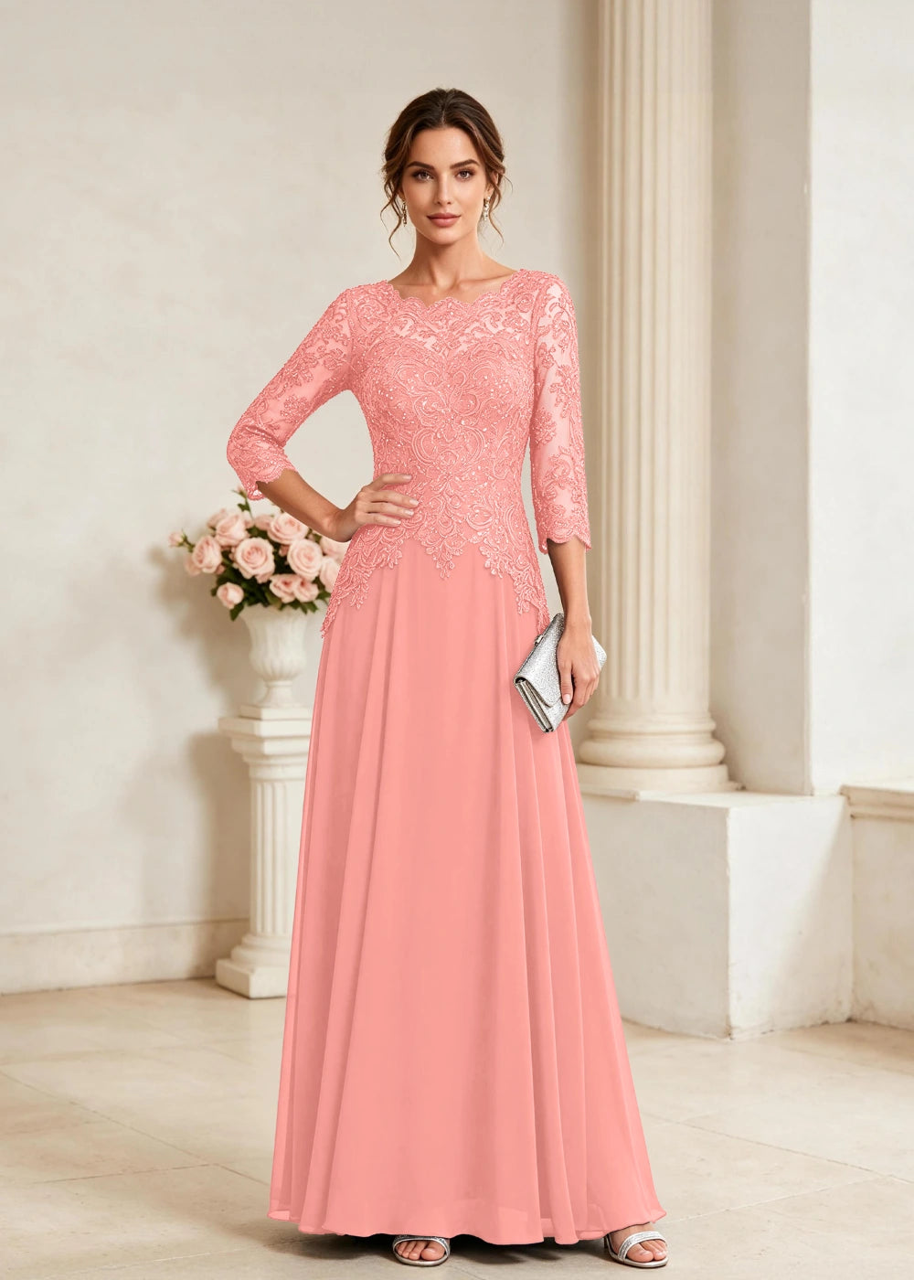 Navy Blue Three-Quarter-Sleeve Lace Chiffon Gown