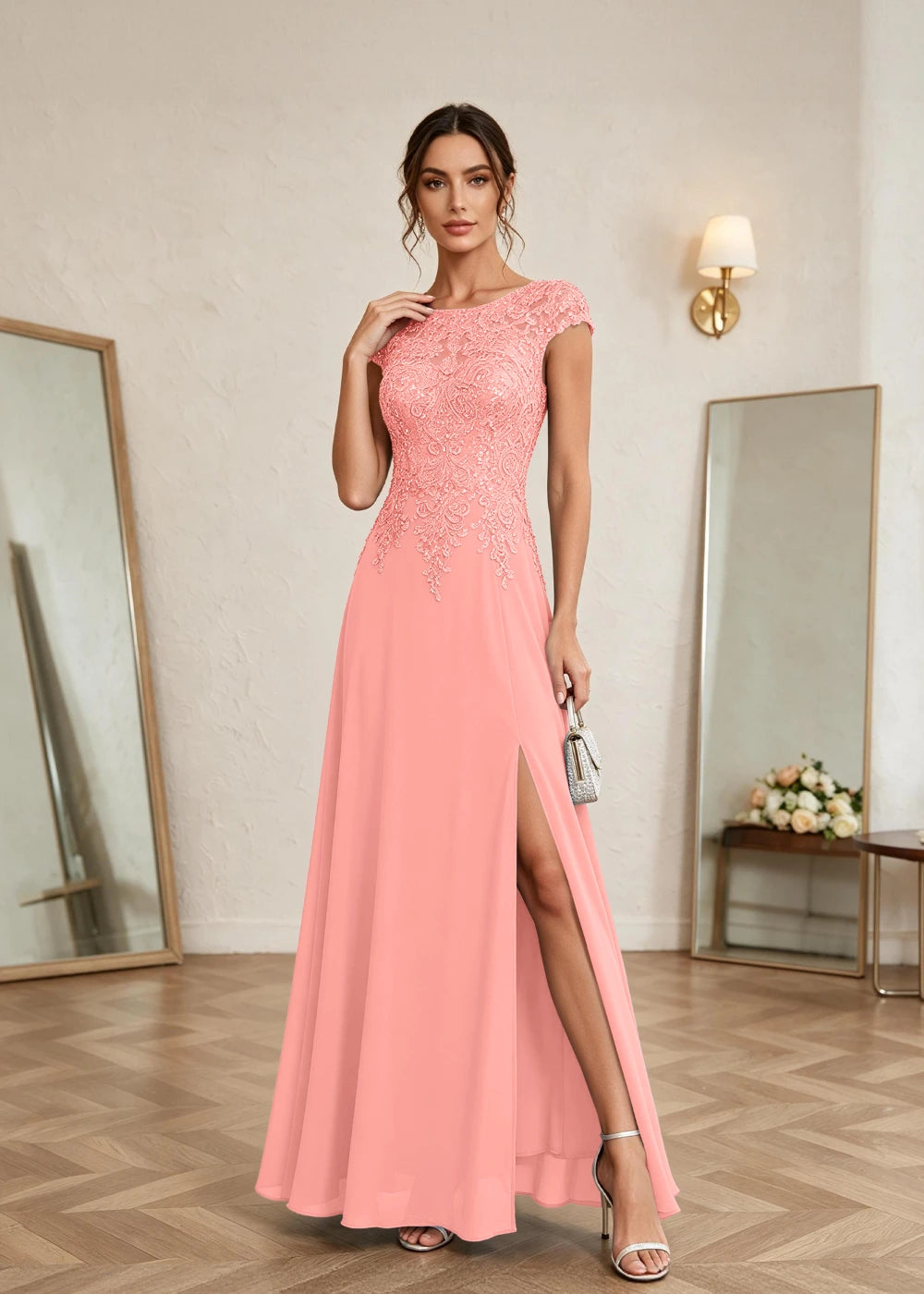 Dusty Blue Cap-Sleeve Lace Chiffon Dress with Slit