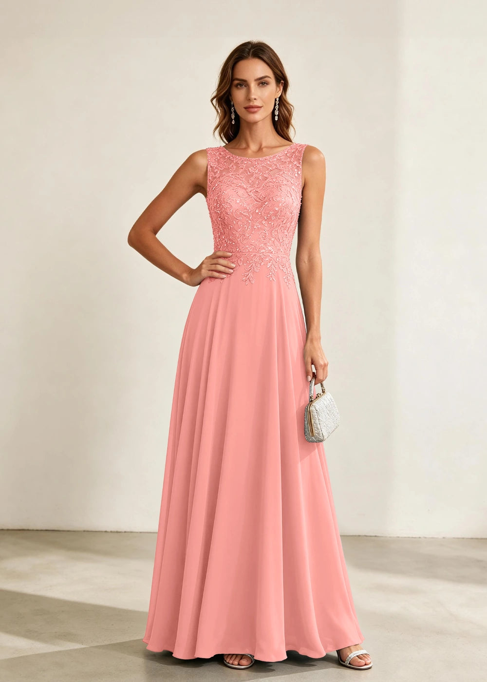 Dusty Blue Sleeveless Lace-Bodice Chiffon Formal Dress