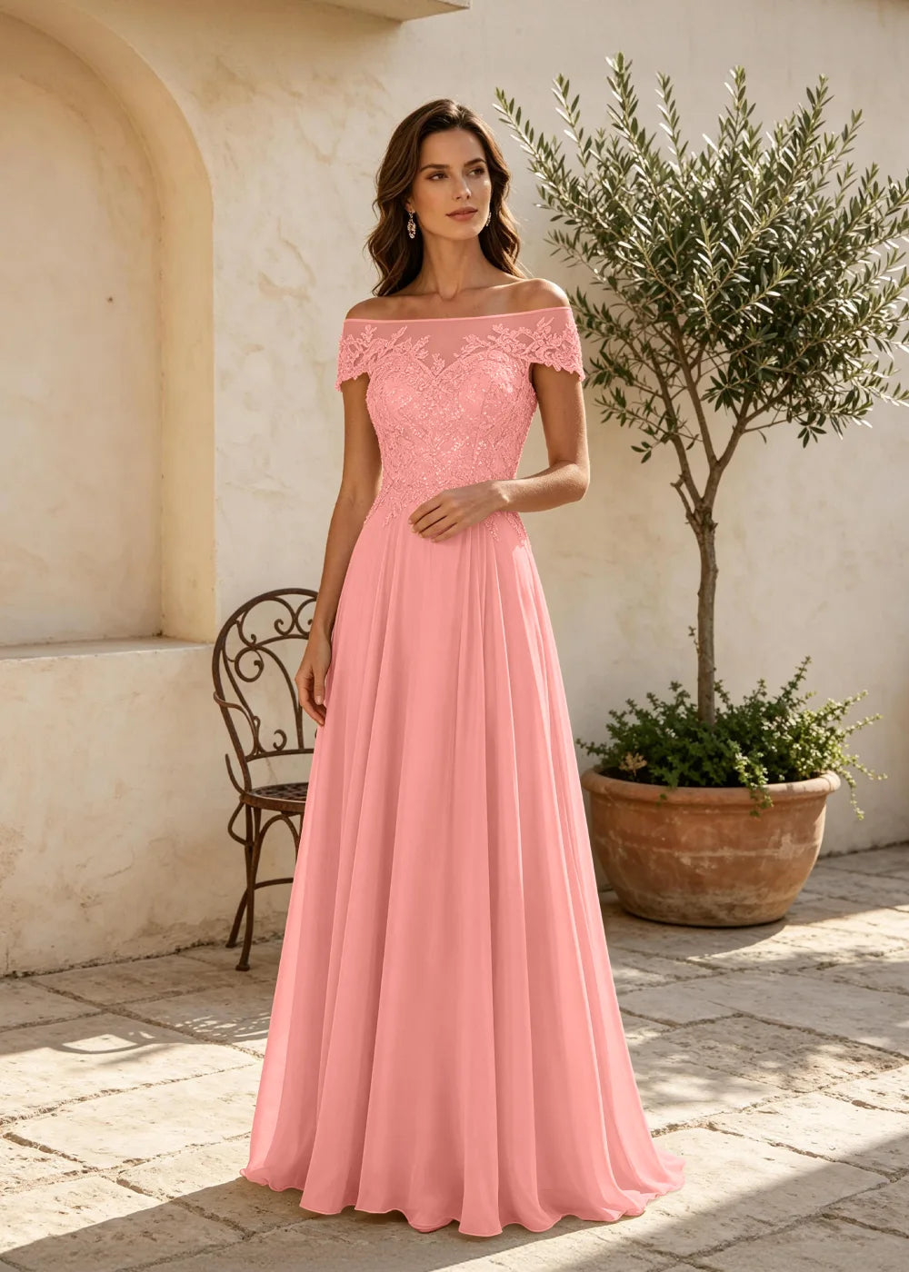 Champagne Off the Shoulder Maxi Dress with Lace