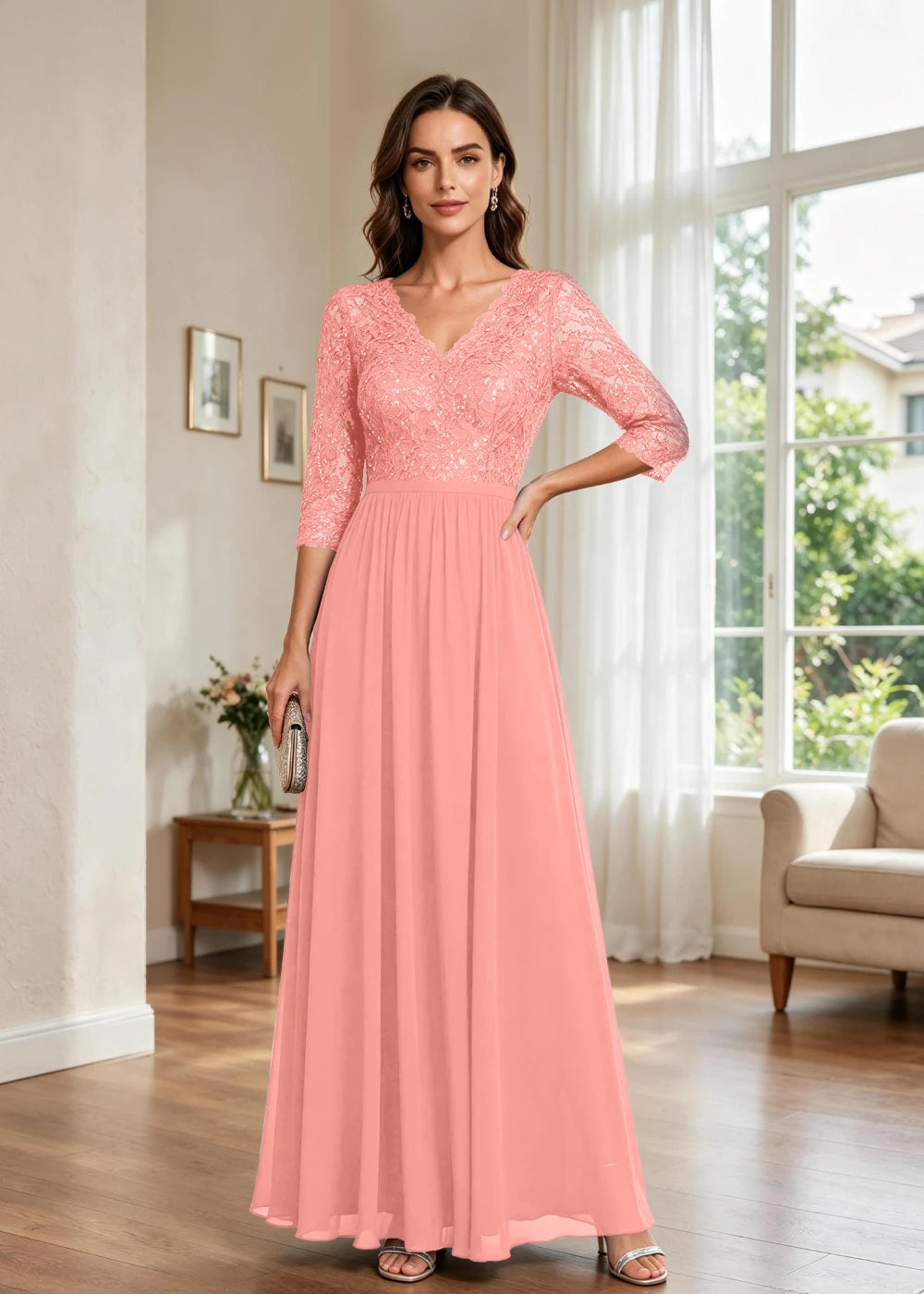 Navy Blue V-Neck Lace-Sleeve Chiffon Maxi Dress