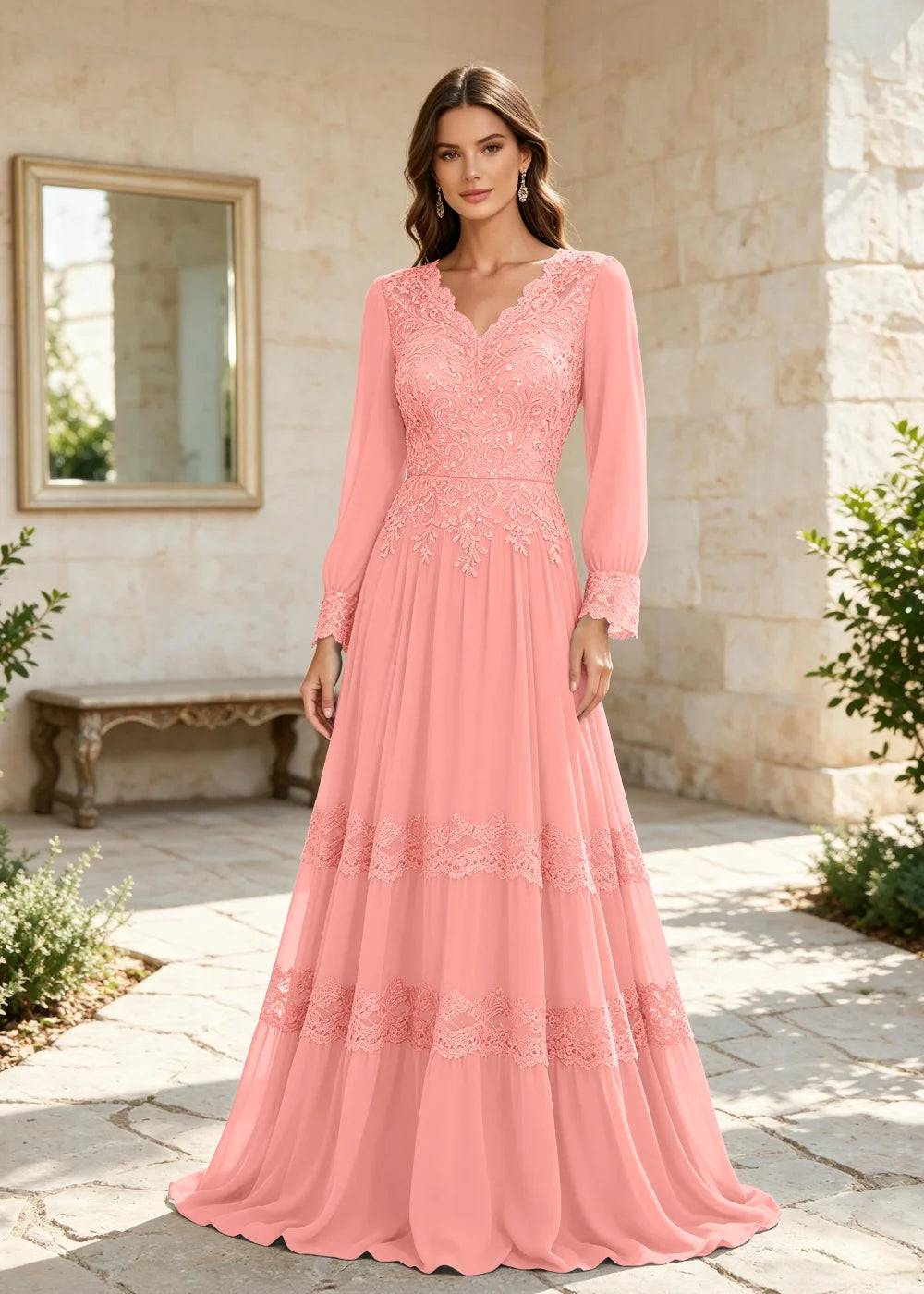 Dusty Blue Long-Sleeve Lace-Tiered Chiffon Gown