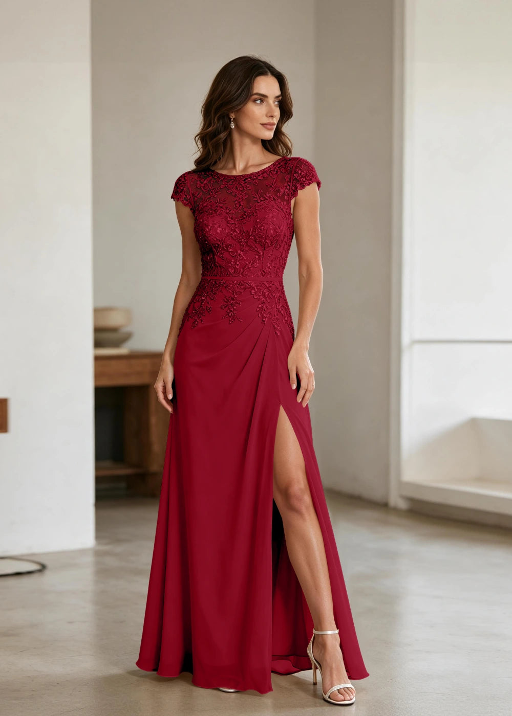 Champagne Lace Cap-Sleeve Chiffon Formal Dress