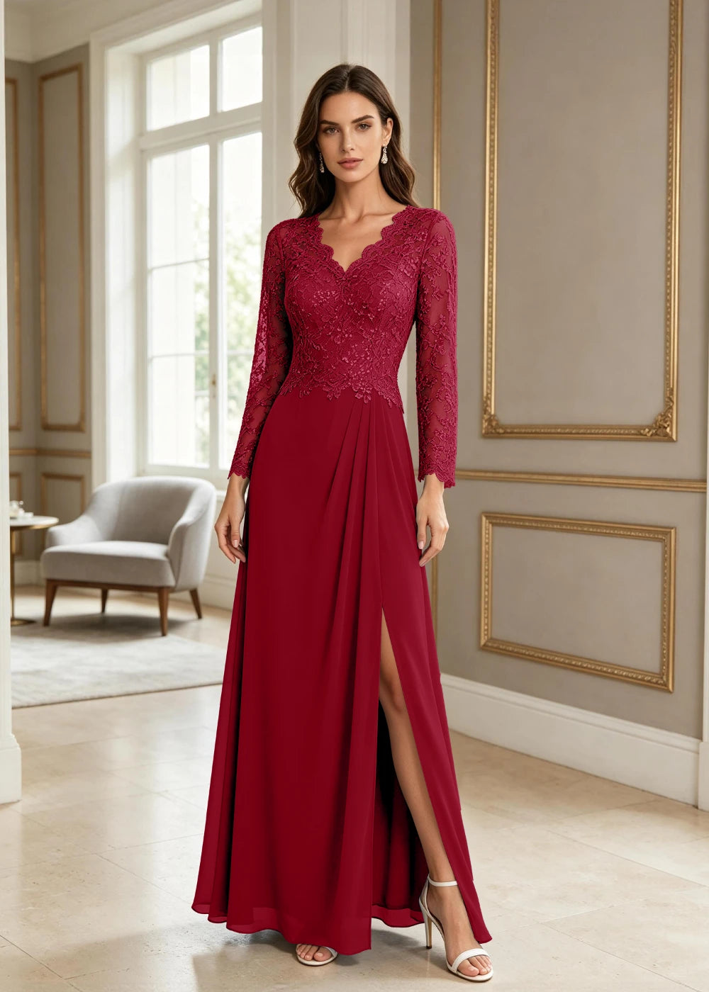 Dusty Blue V-Neck Long-Sleeve Lace Chiffon Dress