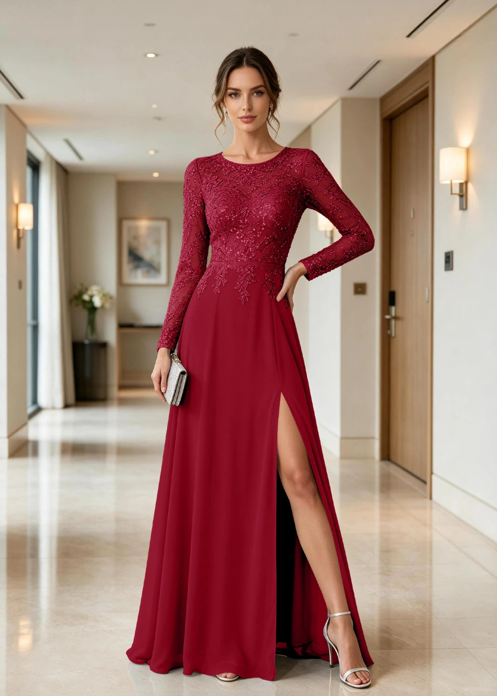 Dusty Blue Illusion-Neck Long-Sleeve Chiffon Dress