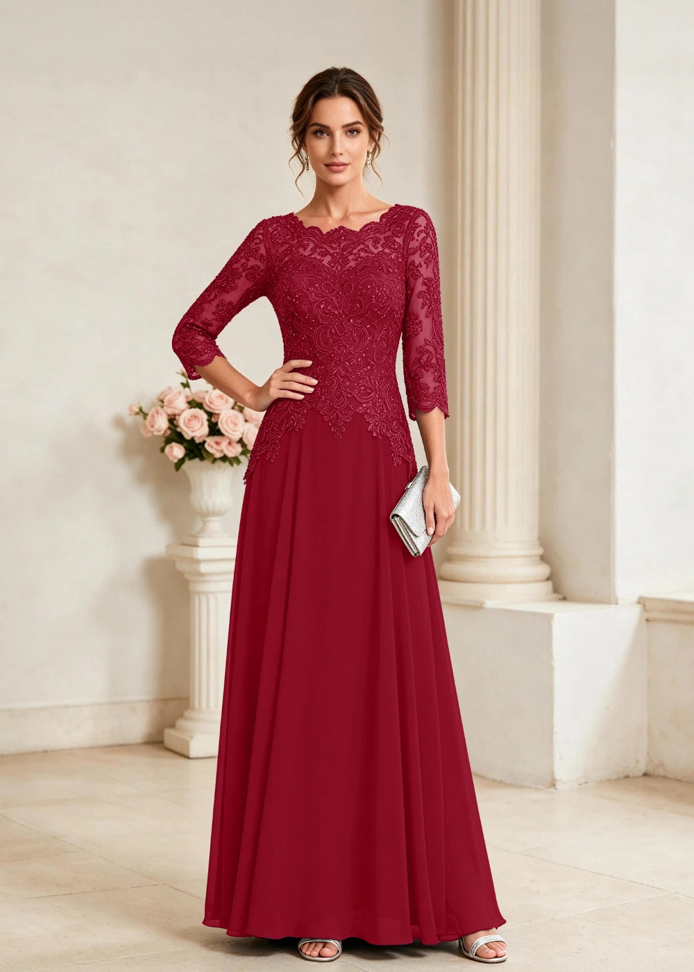Navy Blue Three-Quarter-Sleeve Lace Chiffon Gown