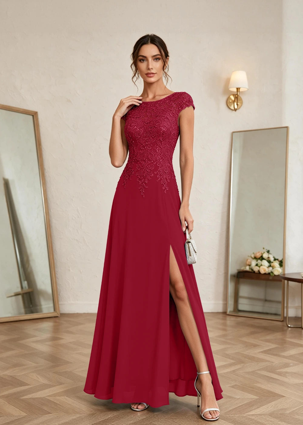 Dusty Blue Cap-Sleeve Lace Chiffon Dress with Slit