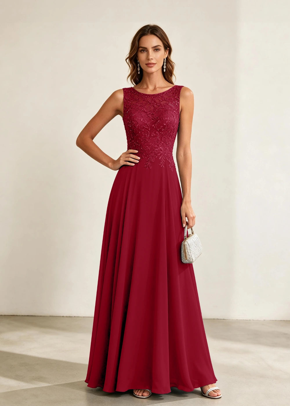 Dusty Blue Sleeveless Lace-Bodice Chiffon Formal Dress