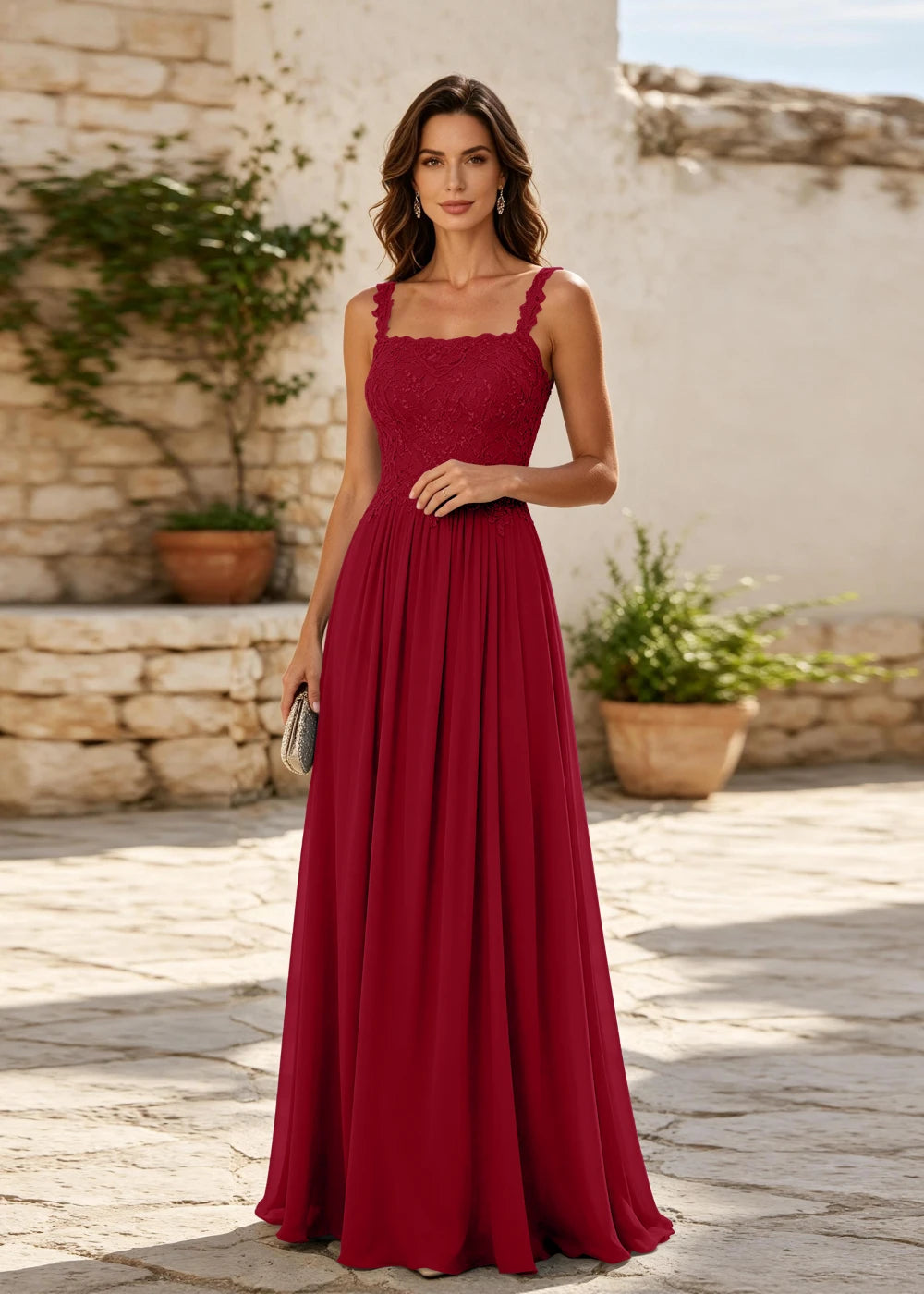Dusty Blue Square-Neck Beaded Chiffon Evening Gown