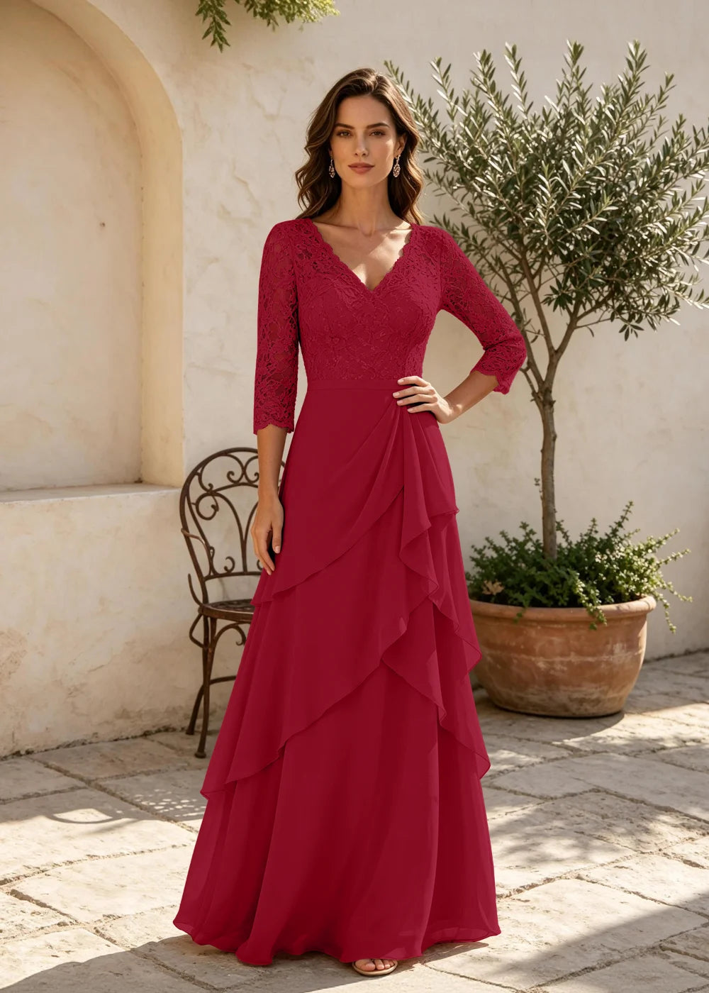 Dusty Rose V-Neck Ruffle Chiffon Maxi Dress