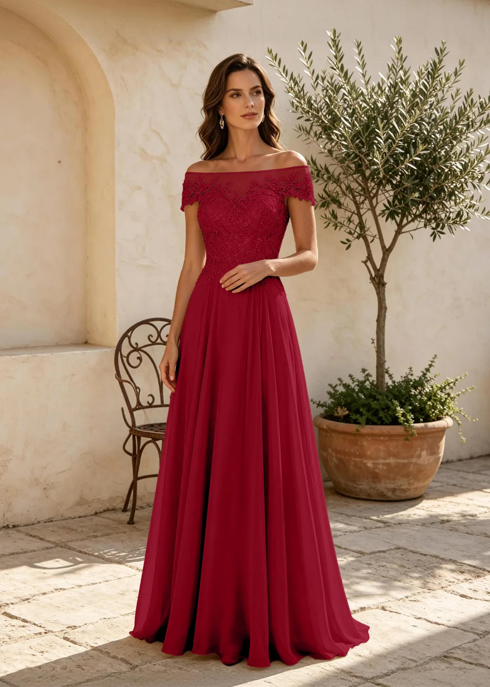 Champagne Off the Shoulder Maxi Dress with Lace