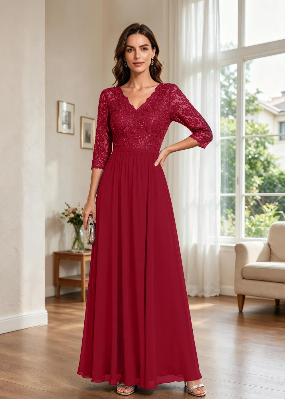 Navy Blue V-Neck Lace-Sleeve Chiffon Maxi Dress