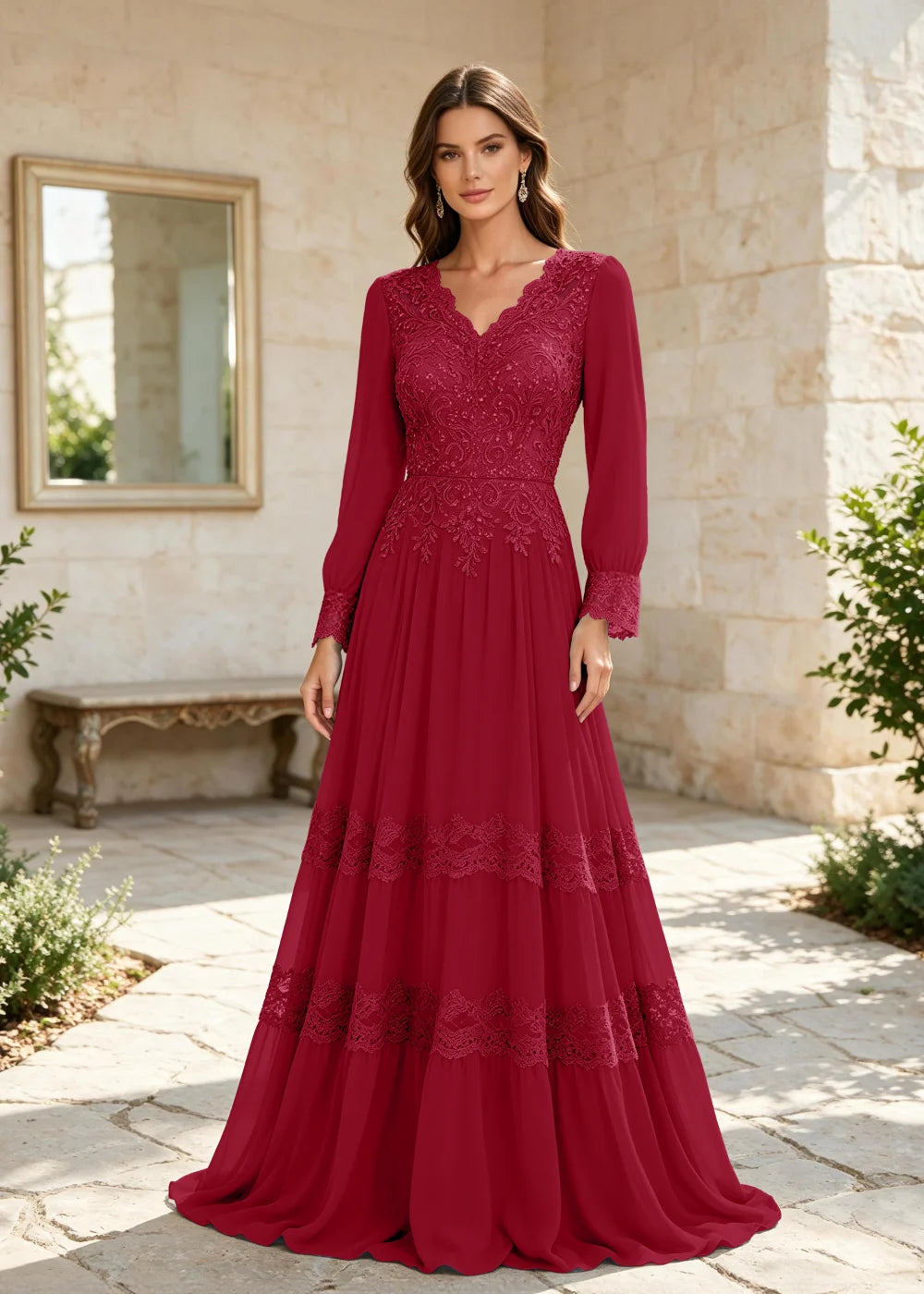 Dusty Blue Long-Sleeve Lace-Tiered Chiffon Gown