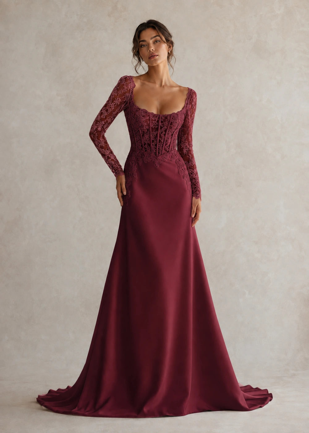 Front view of the burgundy square-neck fitted gown with long floral-lace sleeves and a softly flared train
