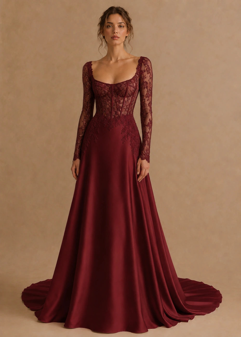 Front view of the burgundy square-neck A-line gown with a lace corset-style bodice, long sleeves, and a train