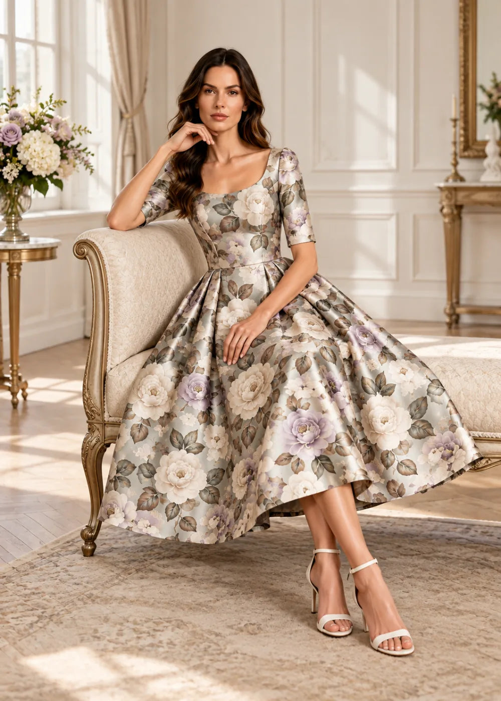 Detail view of the champagne botanical A-line midi dress with elbow sleeves