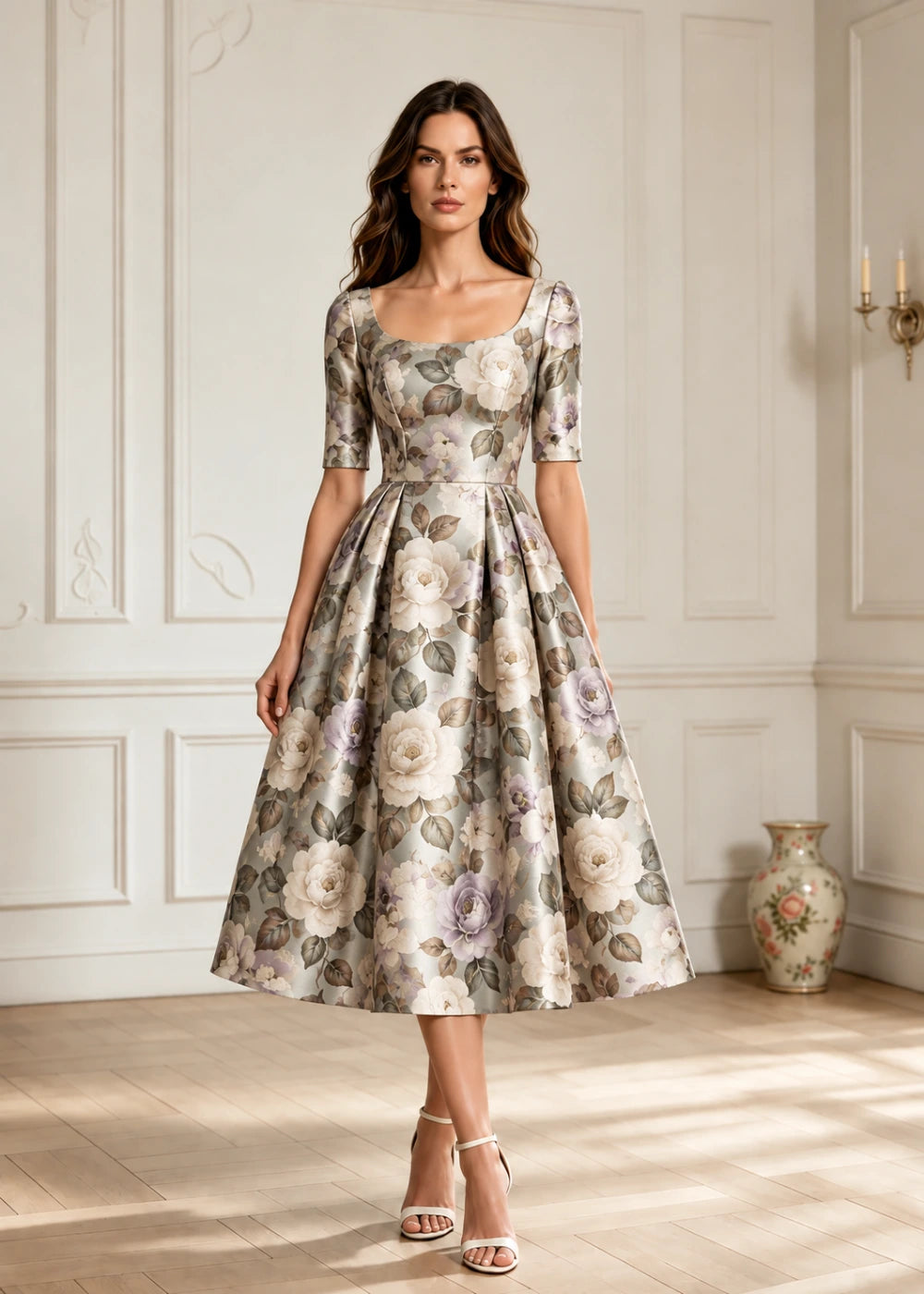 Front view of the champagne botanical A-line midi dress with elbow sleeves