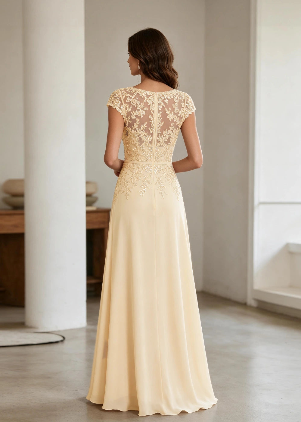 Champagne Lace Cap-Sleeve Chiffon Formal Dress