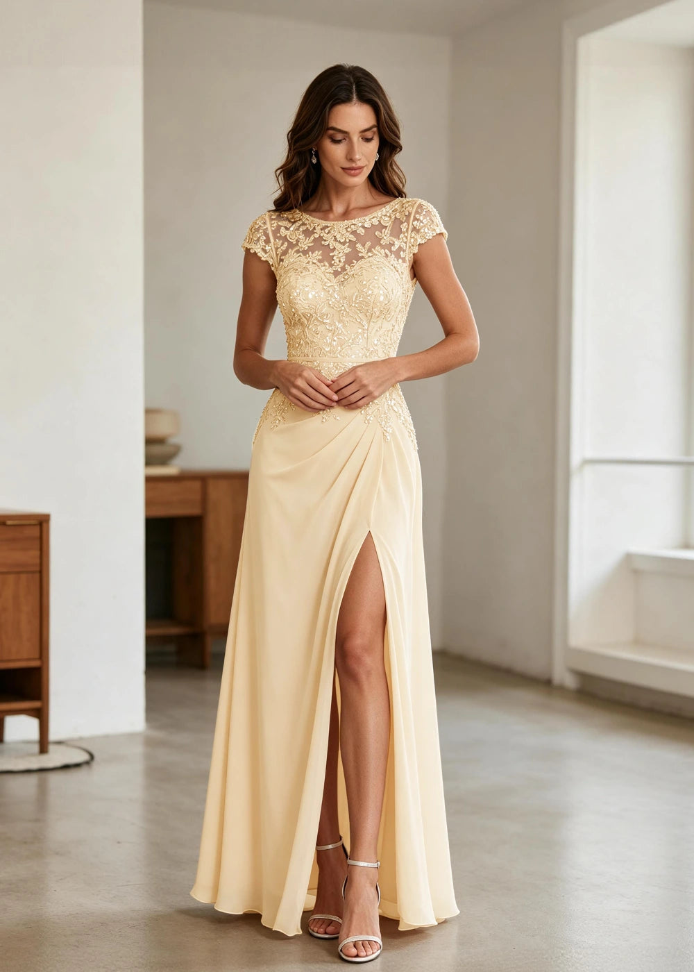 Champagne Lace Cap-Sleeve Chiffon Formal Dress