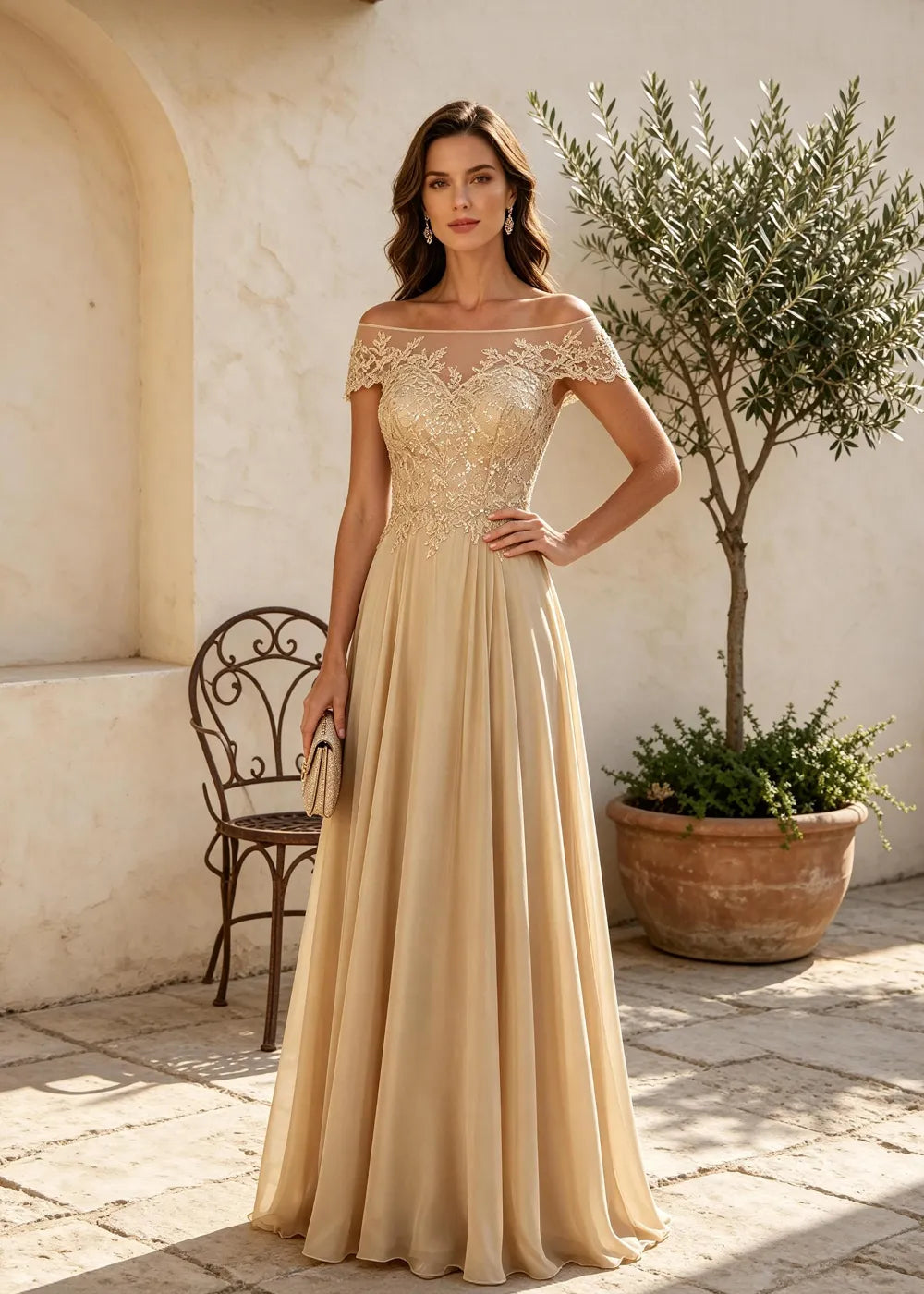 Champagne Off the Shoulder Maxi Dress with Lace