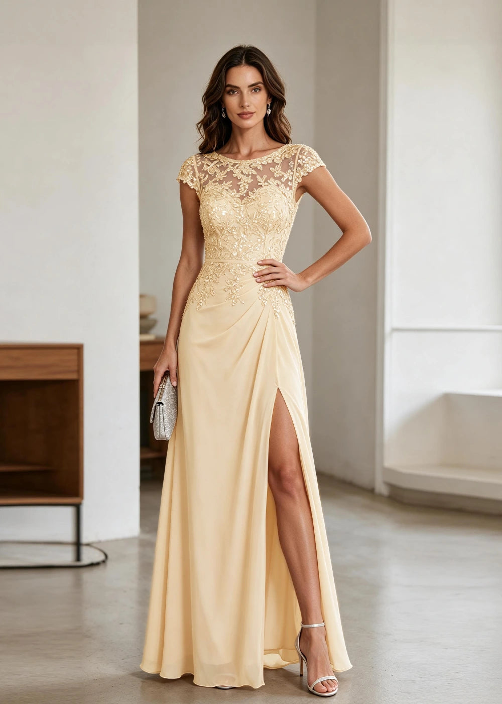Champagne Lace Cap-Sleeve Chiffon Formal Dress