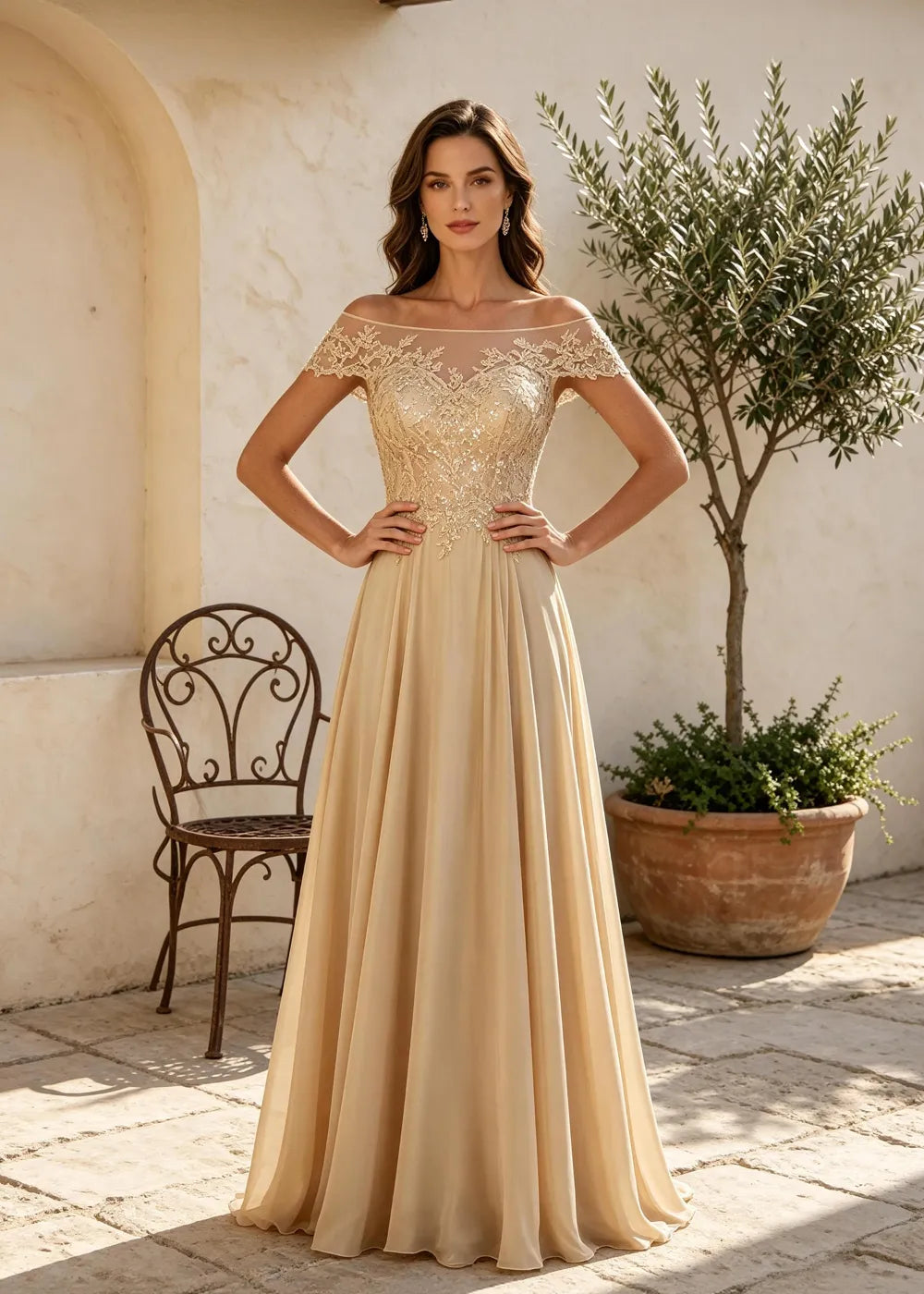Champagne Off the Shoulder Maxi Dress with Lace