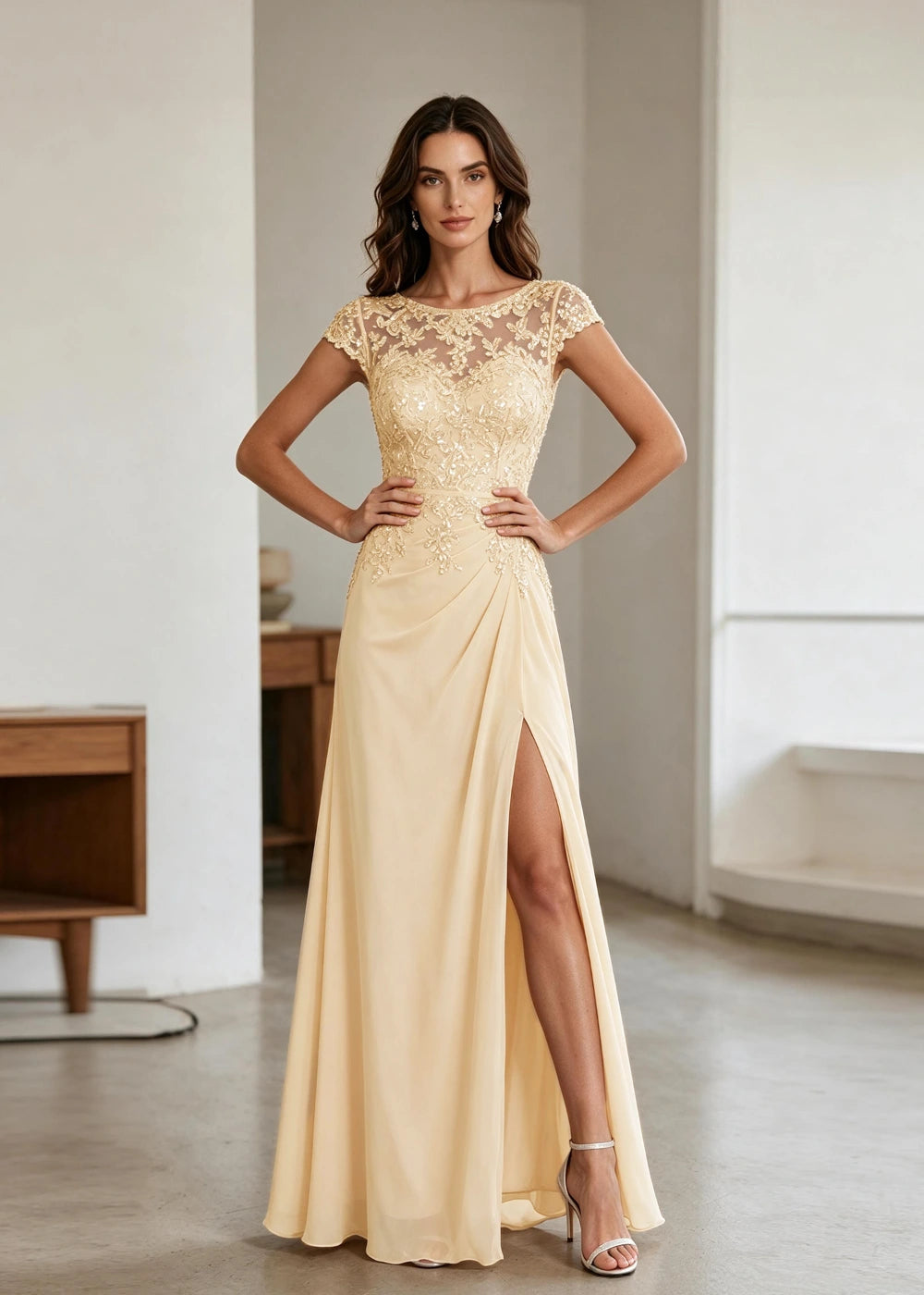 Champagne Lace Cap-Sleeve Chiffon Formal Dress