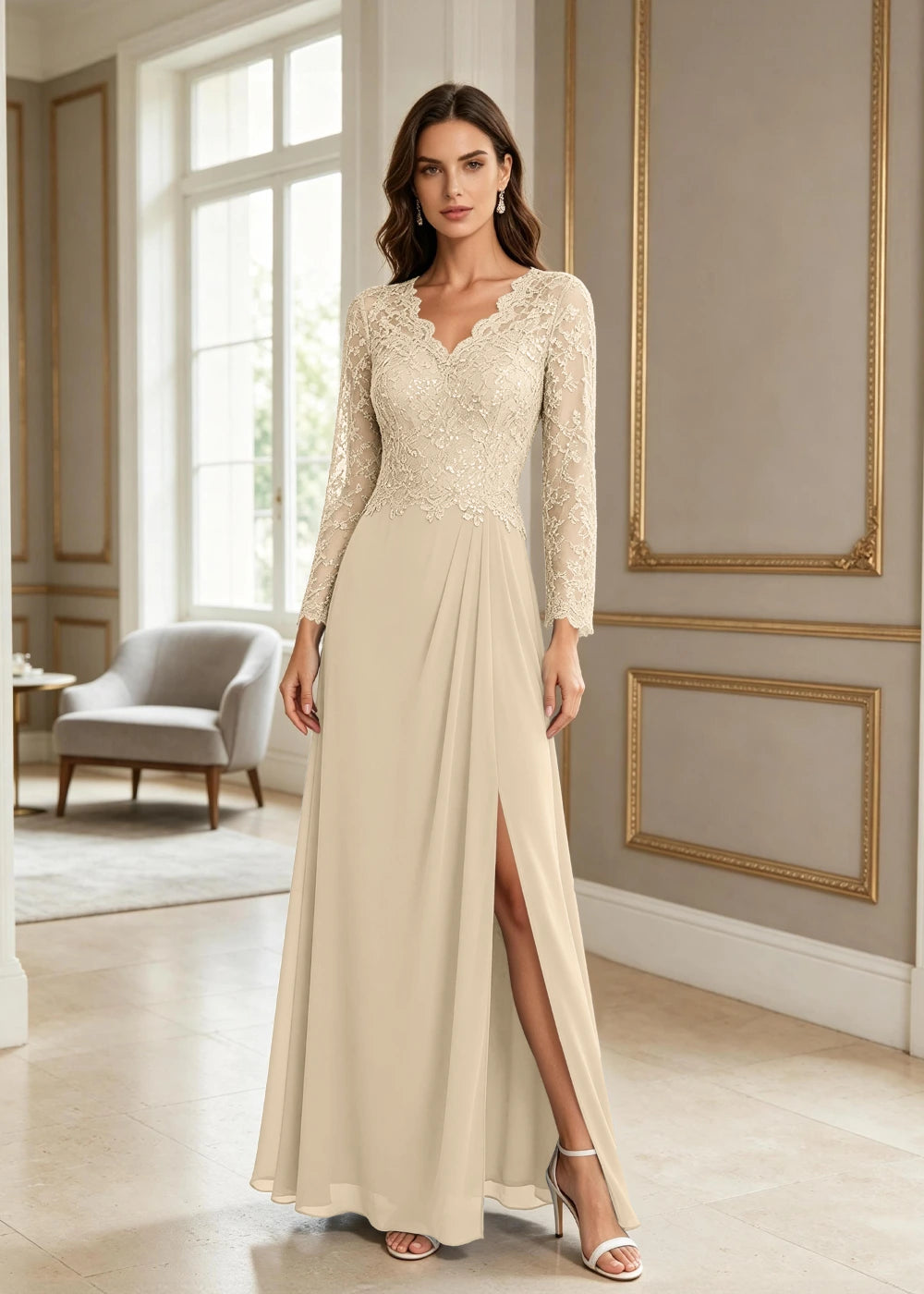 Dusty Blue V-Neck Long-Sleeve Lace Chiffon Dress