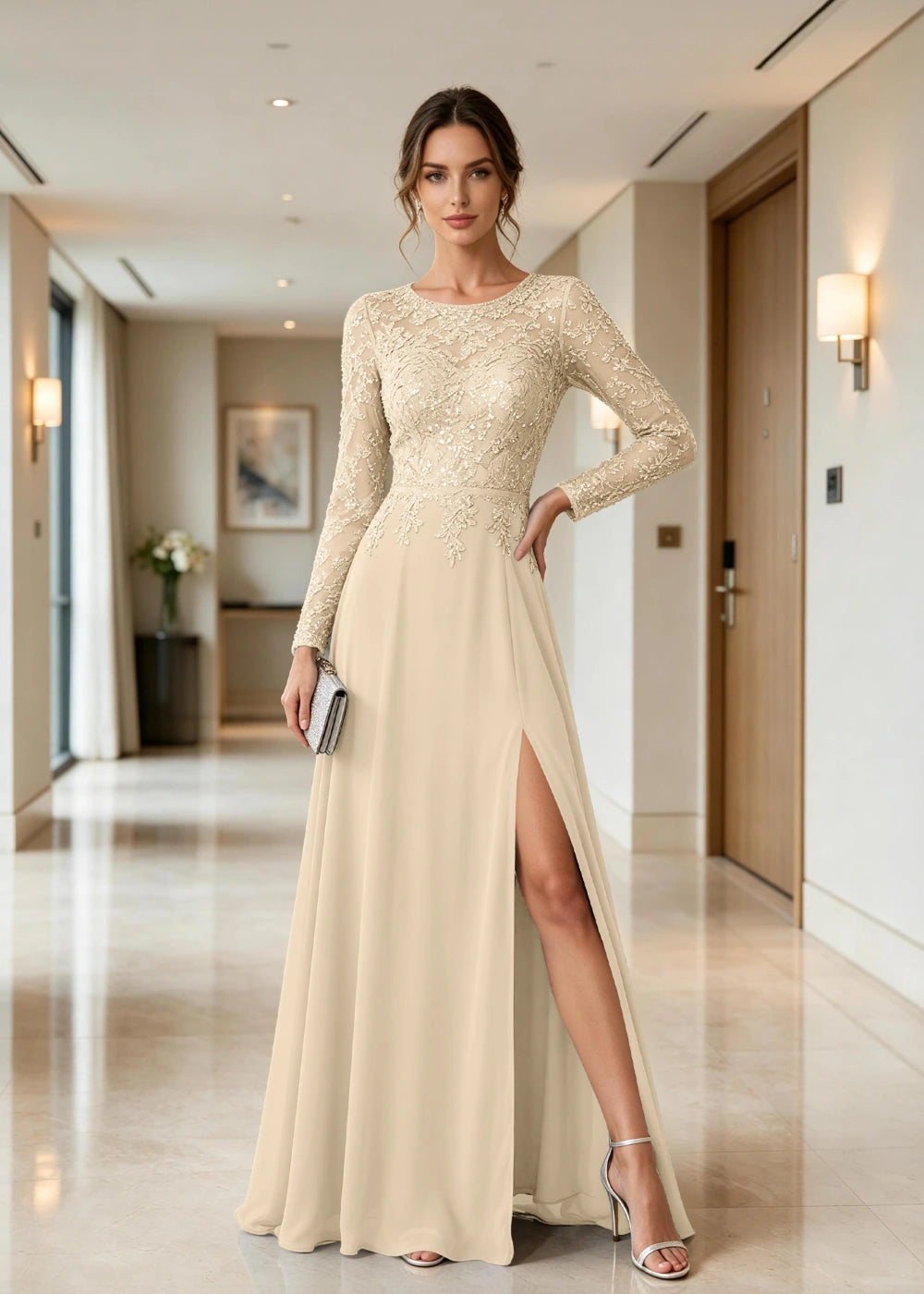 Dusty Blue Illusion-Neck Long-Sleeve Chiffon Dress