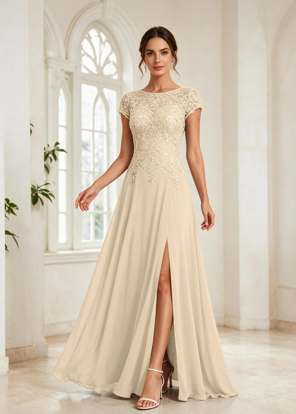 Slate Blue Beaded Cap-Sleeve Chiffon Formal Dress