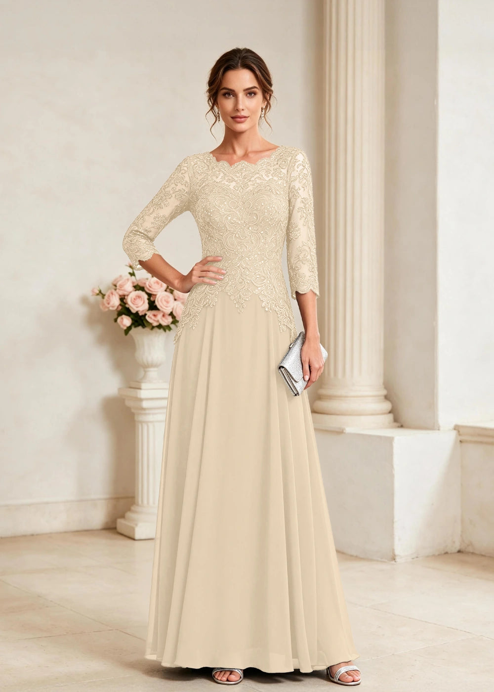 Navy Blue Three-Quarter-Sleeve Lace Chiffon Gown