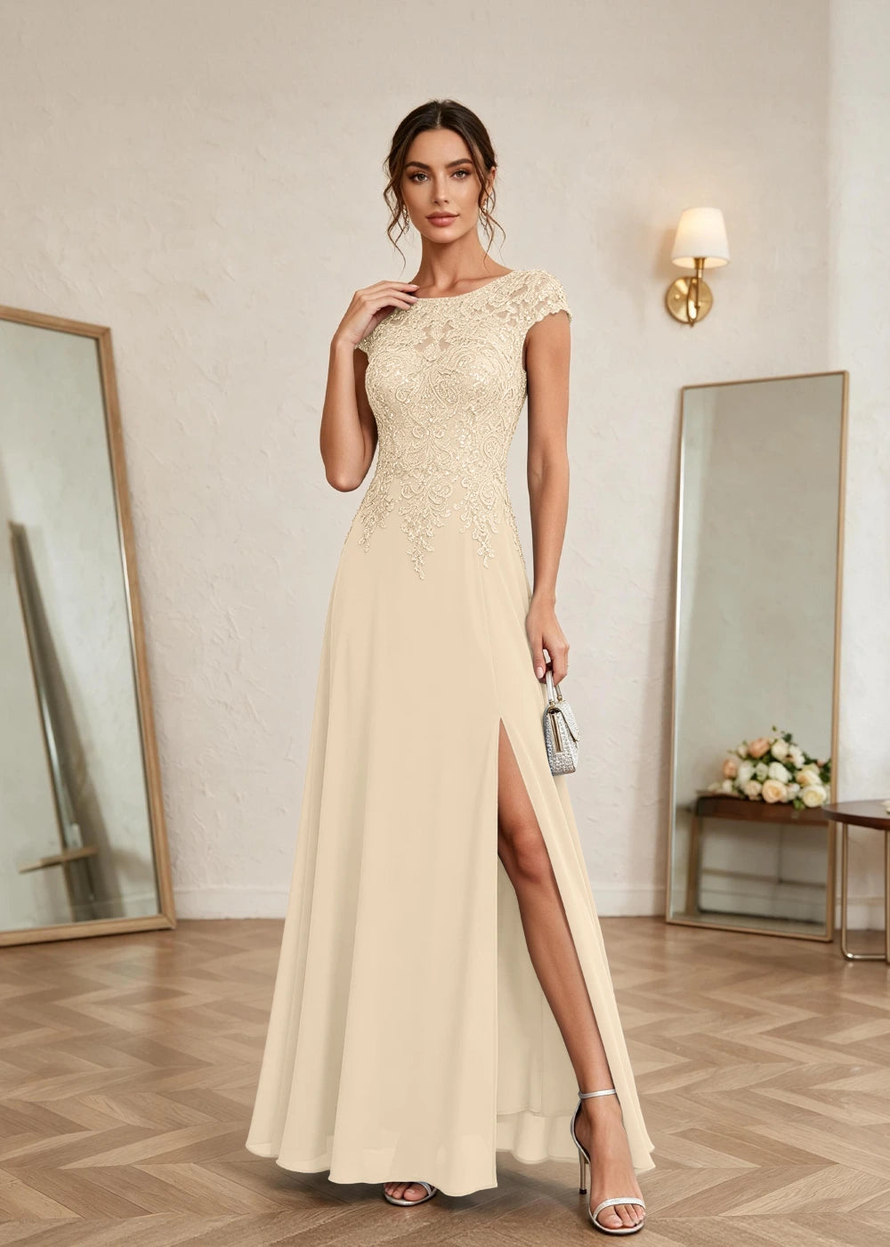 Dusty Blue Cap-Sleeve Lace Chiffon Dress with Slit