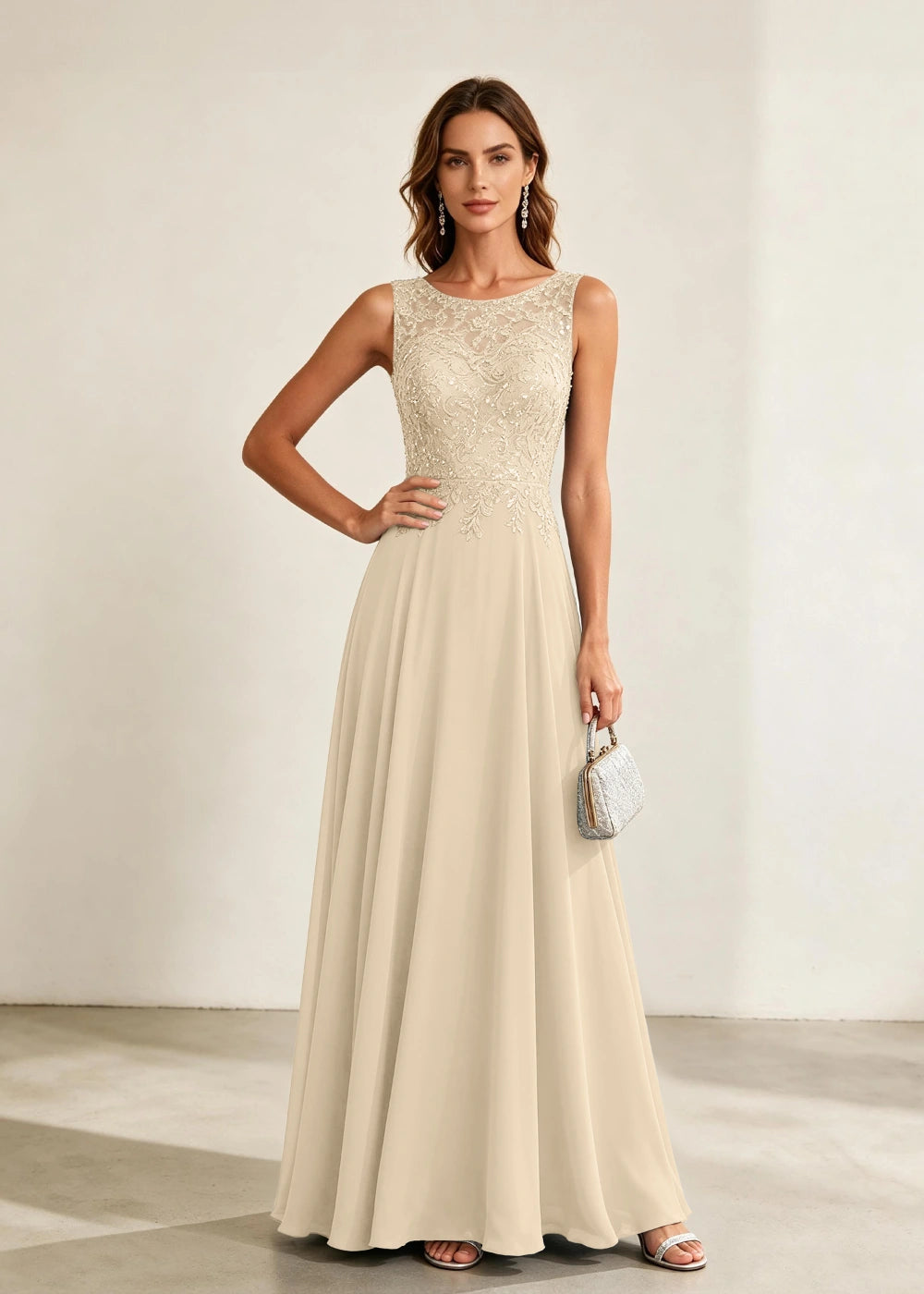 Dusty Blue Sleeveless Lace-Bodice Chiffon Formal Dress