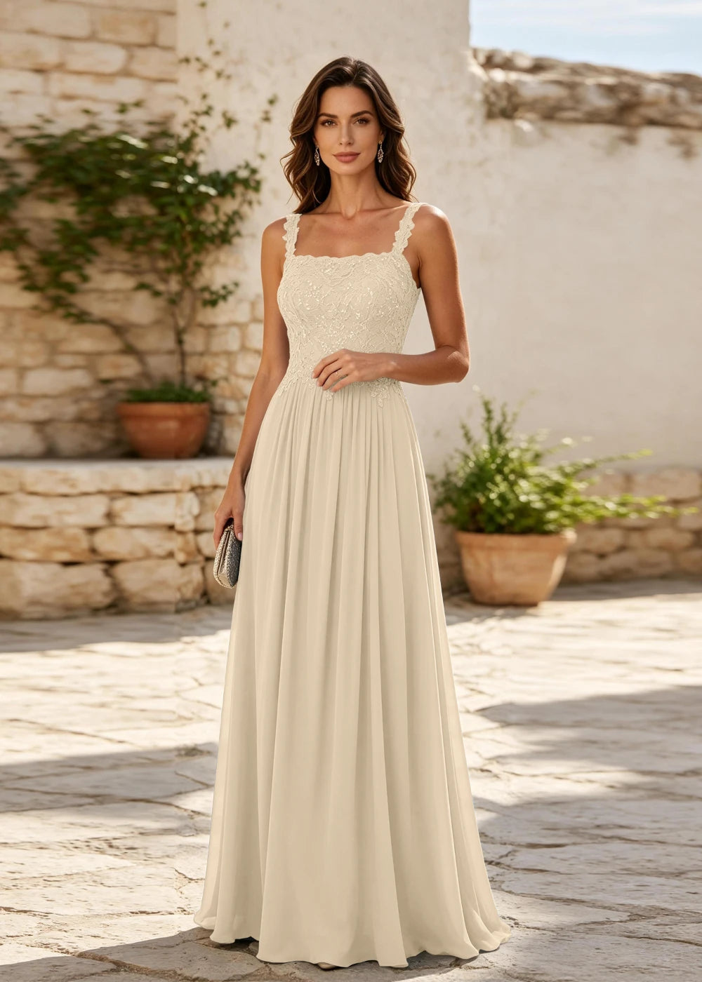 Dusty Blue Square-Neck Beaded Chiffon Evening Gown