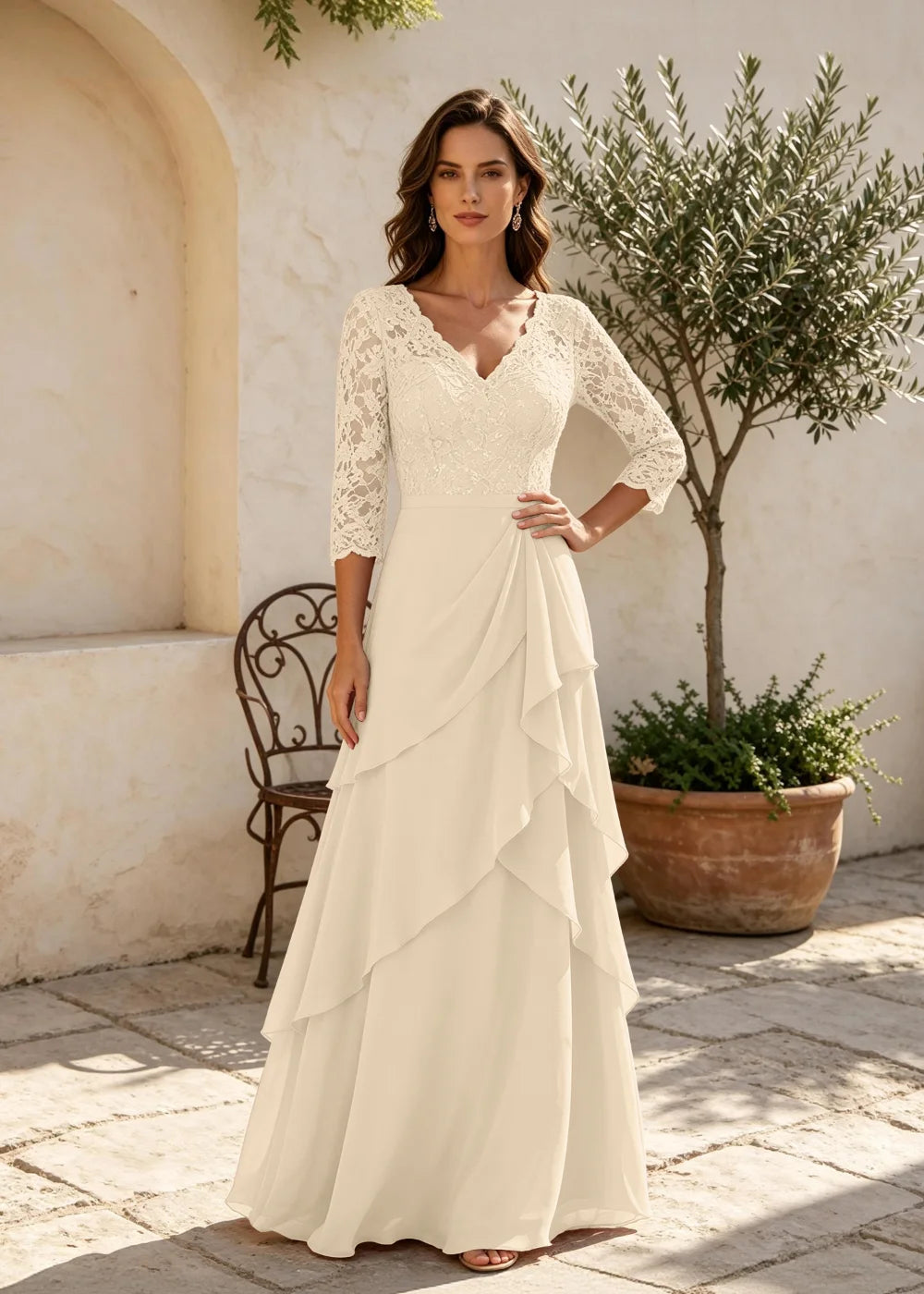 Dusty Rose V-Neck Ruffle Chiffon Maxi Dress