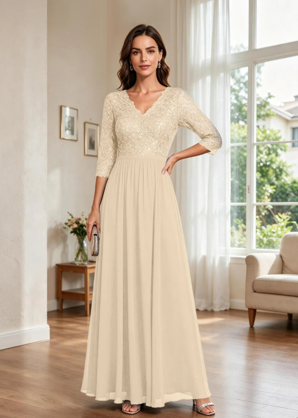 Navy Blue V-Neck Lace-Sleeve Chiffon Maxi Dress