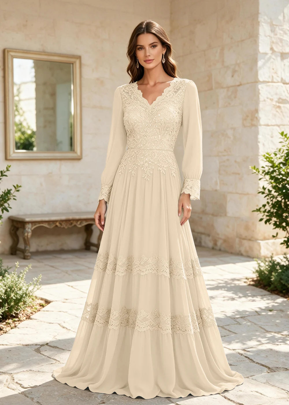 Dusty Blue Long-Sleeve Lace-Tiered Chiffon Gown
