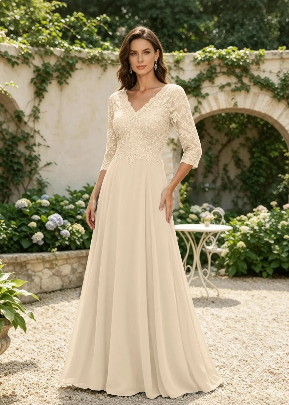 Dusty Blue V-Neck Three-Quarter Lace-Sleeve Maxi Dress