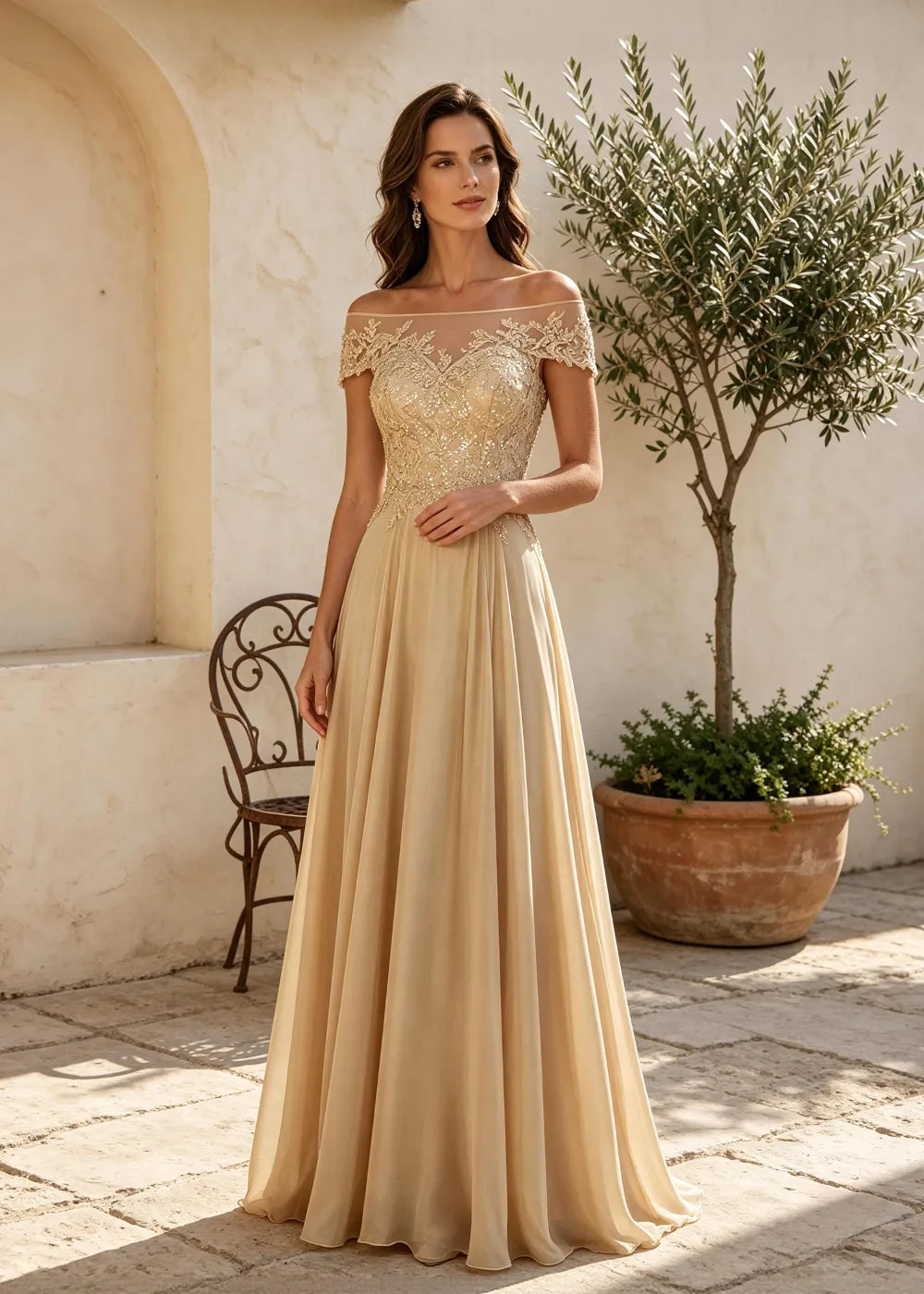Champagne Off the Shoulder Maxi Dress with Lace
