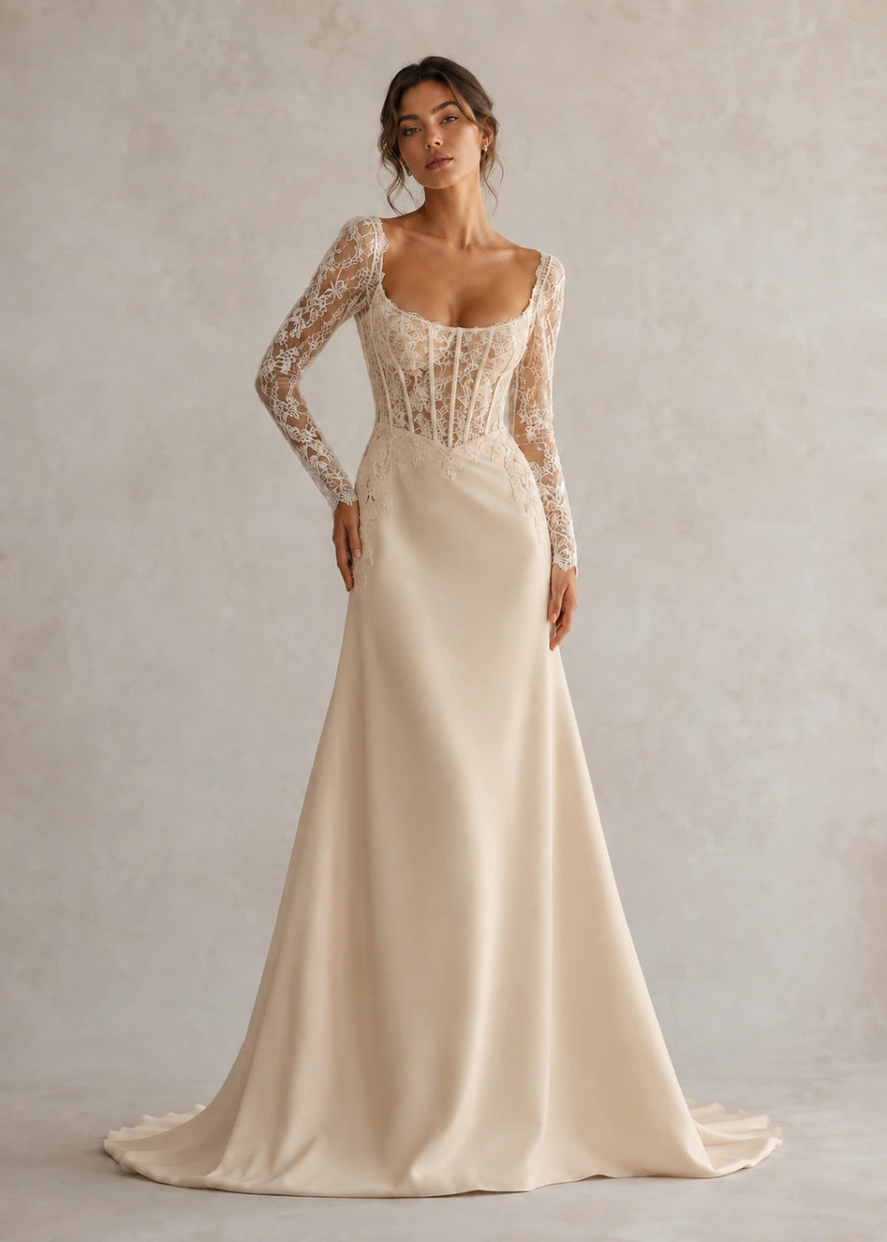 Front view of the champagne square-neck fitted gown with long floral-lace sleeves and a softly flared train