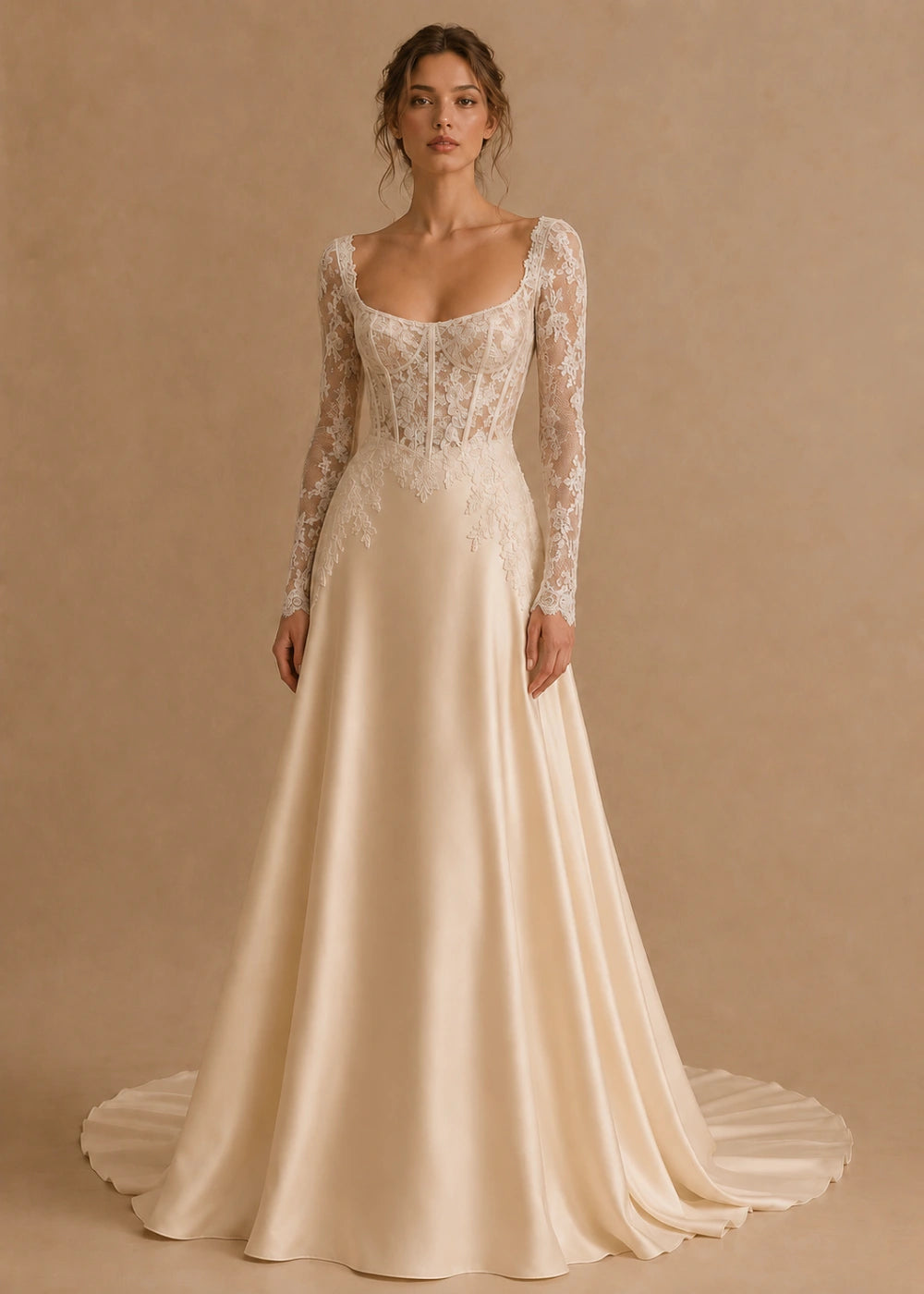 Front view of the champagne square-neck A-line gown with a lace corset-style bodice, long sleeves, and a train